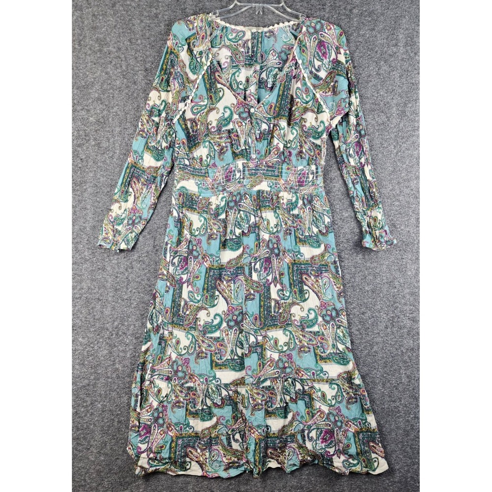 Kate & Sam Paisley Midi Dress Womens Large Teal Boho Smocked Waist Crochet Trim‎